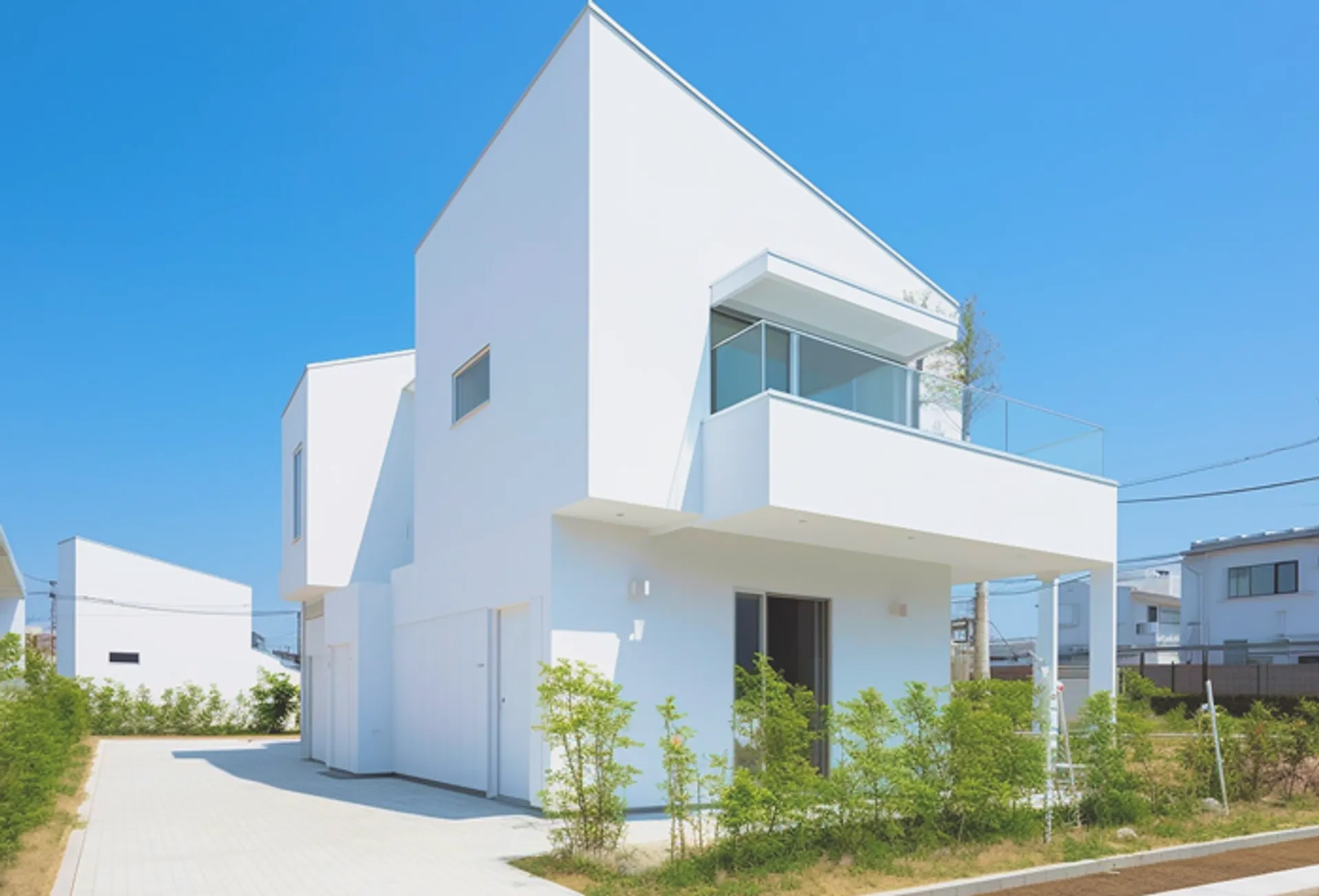 青空に映える真っ白な外観が美しい、幾何学的な形状を組み合わせたモダンな2階建て住宅。ガラス手すりのバルコニーと、無駄を削ぎ落としたシャープなラインが際立つ、洗練されたミニマルデザインの建築