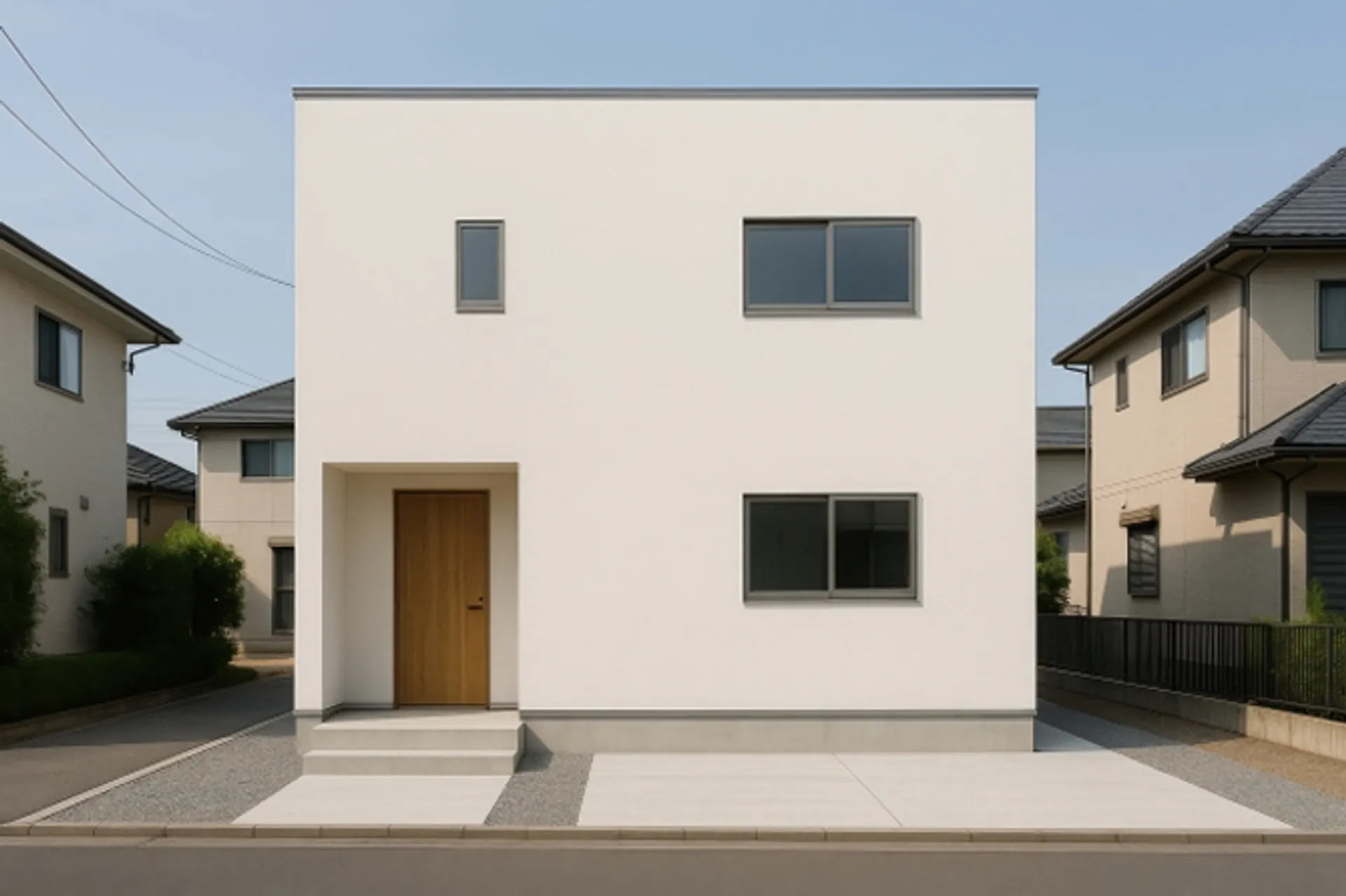 無駄を削ぎ落としたミニマルなデザインが目を引く、キューブ型の白い2階建て住宅。木の温もりを感じさせる玄関ドアと、計算された窓配置が特徴的なモダンで洗練された外観