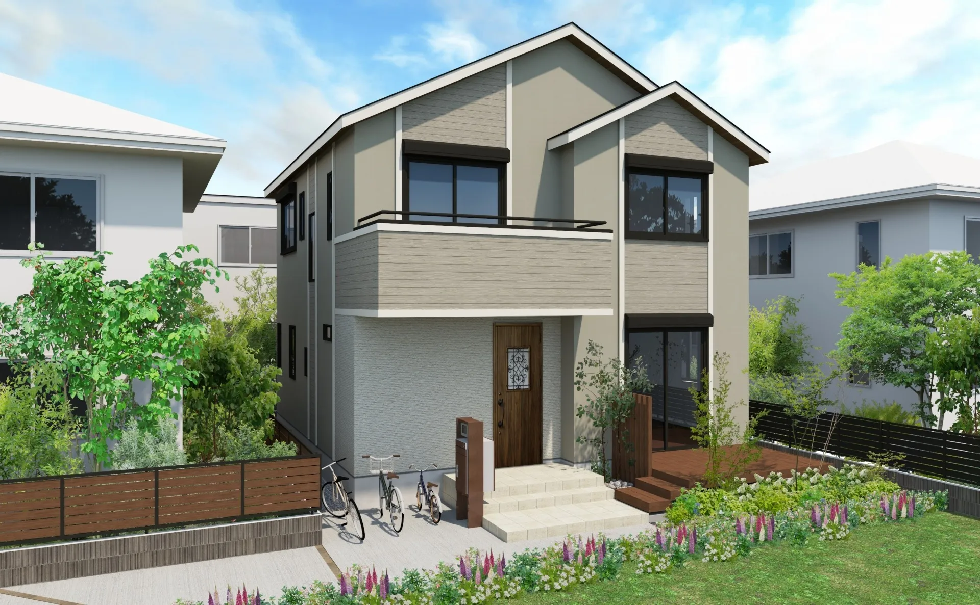 切妻屋根と落ち着いたベージュの外壁が調和する、モダンな2階建て住宅。質感豊かなアクセントウォールや木の玄関ドア、色鮮やかな花々に囲まれたウッドデッキ付きの庭が、温かみのある暮らしを演出する住まいの外観